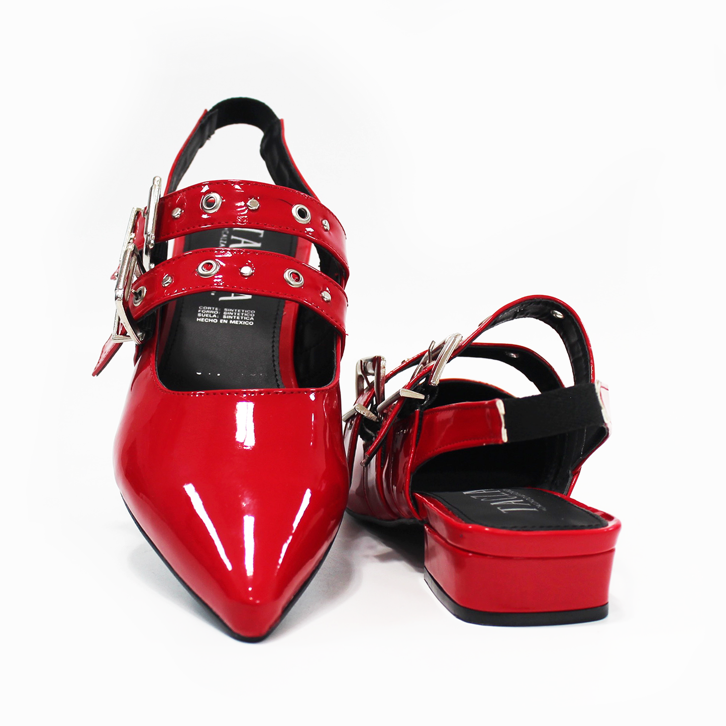 Flat Slingback Puntal con doble Hebilla y Elástico en tobillo Rojo Charol de Dama TACZA