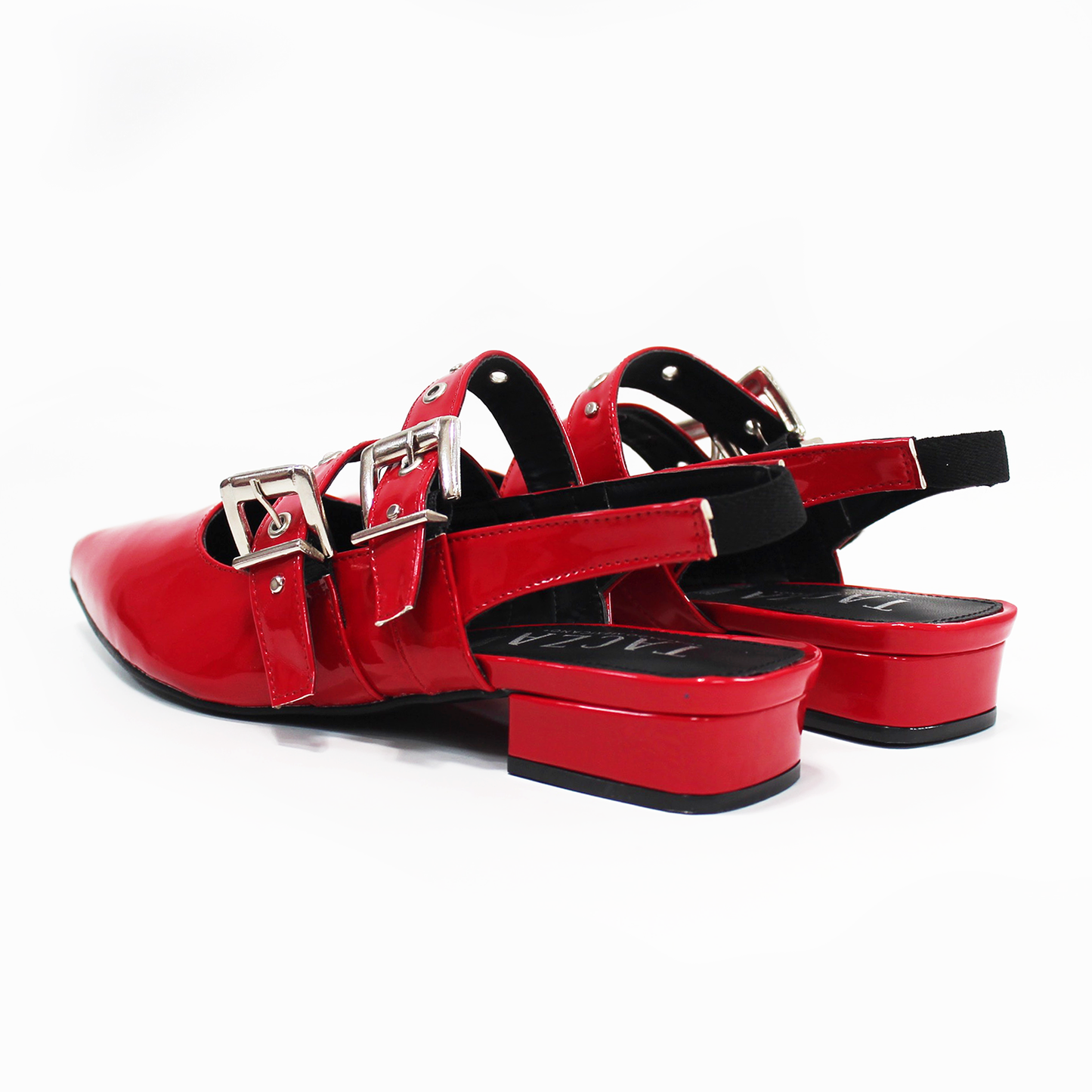 Flat Slingback Puntal con doble Hebilla y Elástico en tobillo Rojo Charol de Dama TACZA