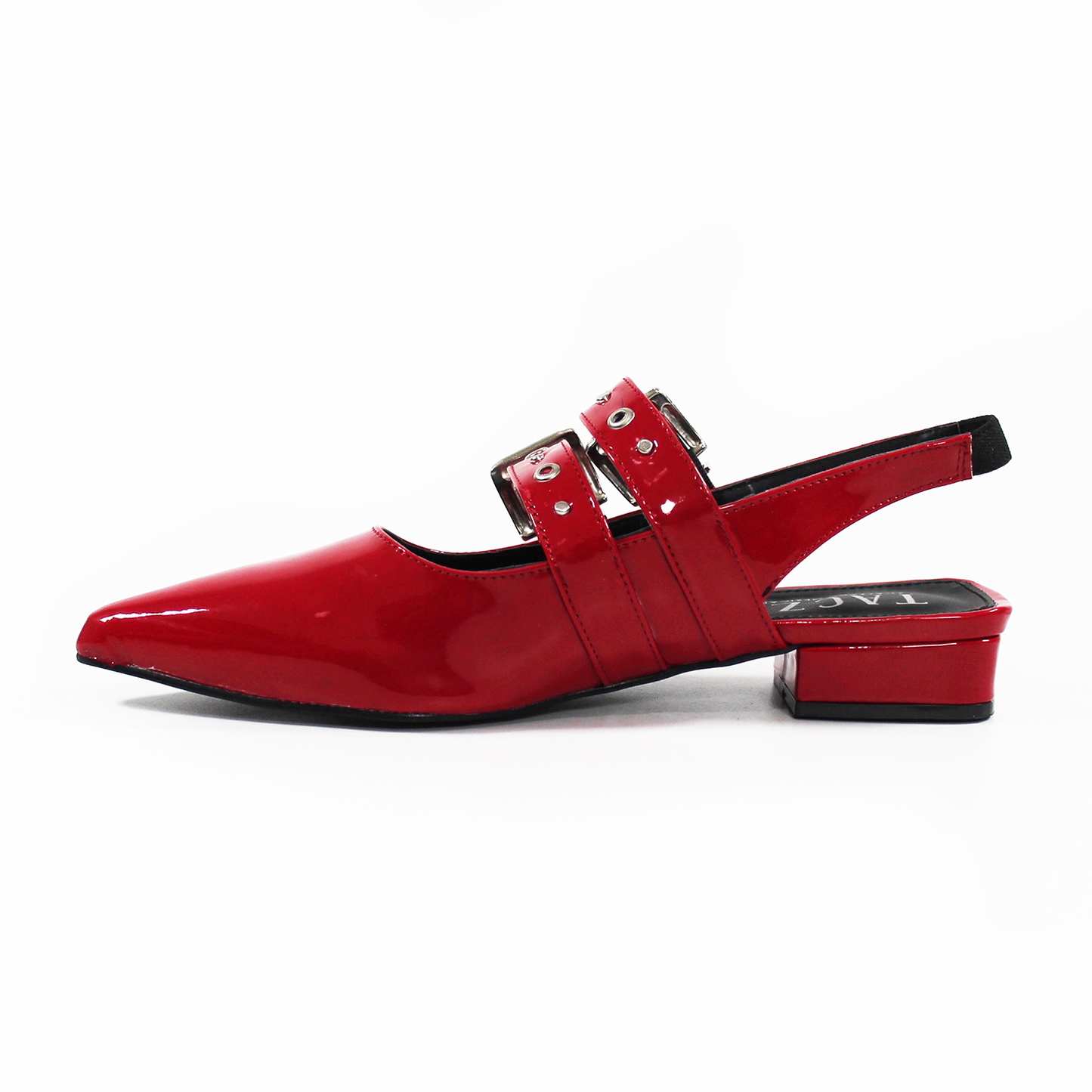 Flat Slingback Puntal con doble Hebilla y Elástico en tobillo Rojo Charol de Dama TACZA