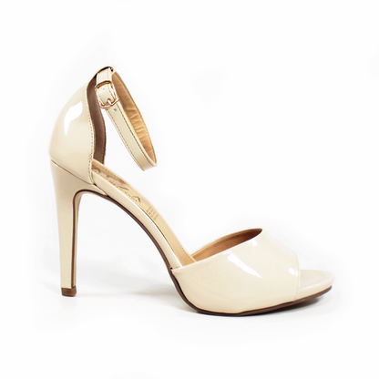 Sandalia de Tacón Stiletto con Pulsera al Tobillo Beige Charol de Dama TACZA