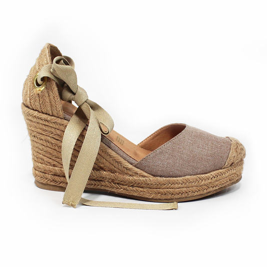 Alpargata Clásica de Plataforma Cuña con Lazos color Crudo y Punta con Yute TACZA