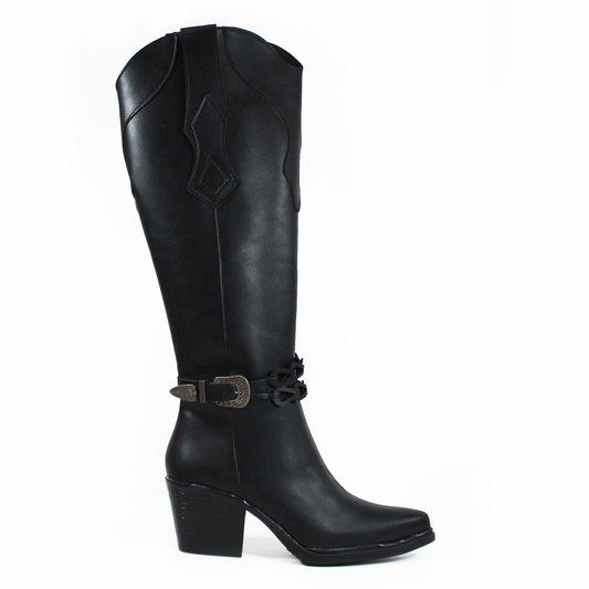 Bota Vaquera Negro con Cinto de Cadenas en Tubo TACZA