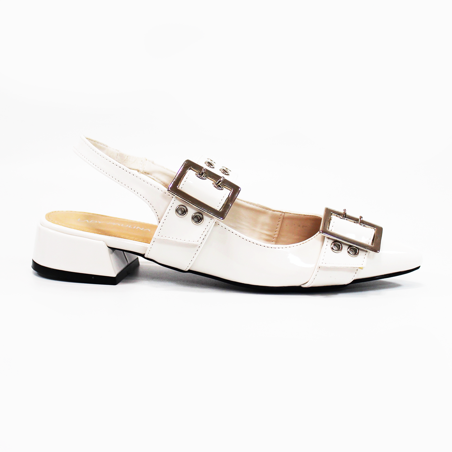 Flat Slingback Mule Late Charol con detalle de ojales y doble Hebilla de Dama LADY PAULINA