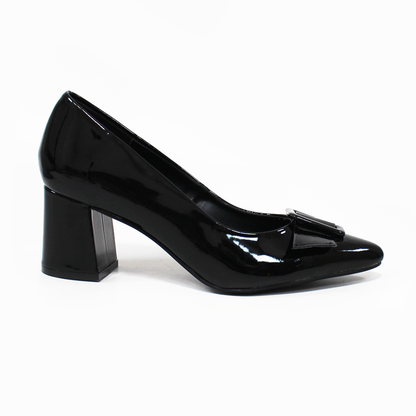 Zapatilla Confort Negro Charol con Botón Cuadrado Tacón Ancho de Dama LADY PAULINA