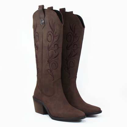 Bota Vaquera Alta Moka Chocolate con Bordado de Dama TACZA