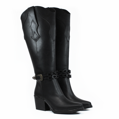 Bota Vaquera Negro con Cinto de Cadenas en Tubo TACZA
