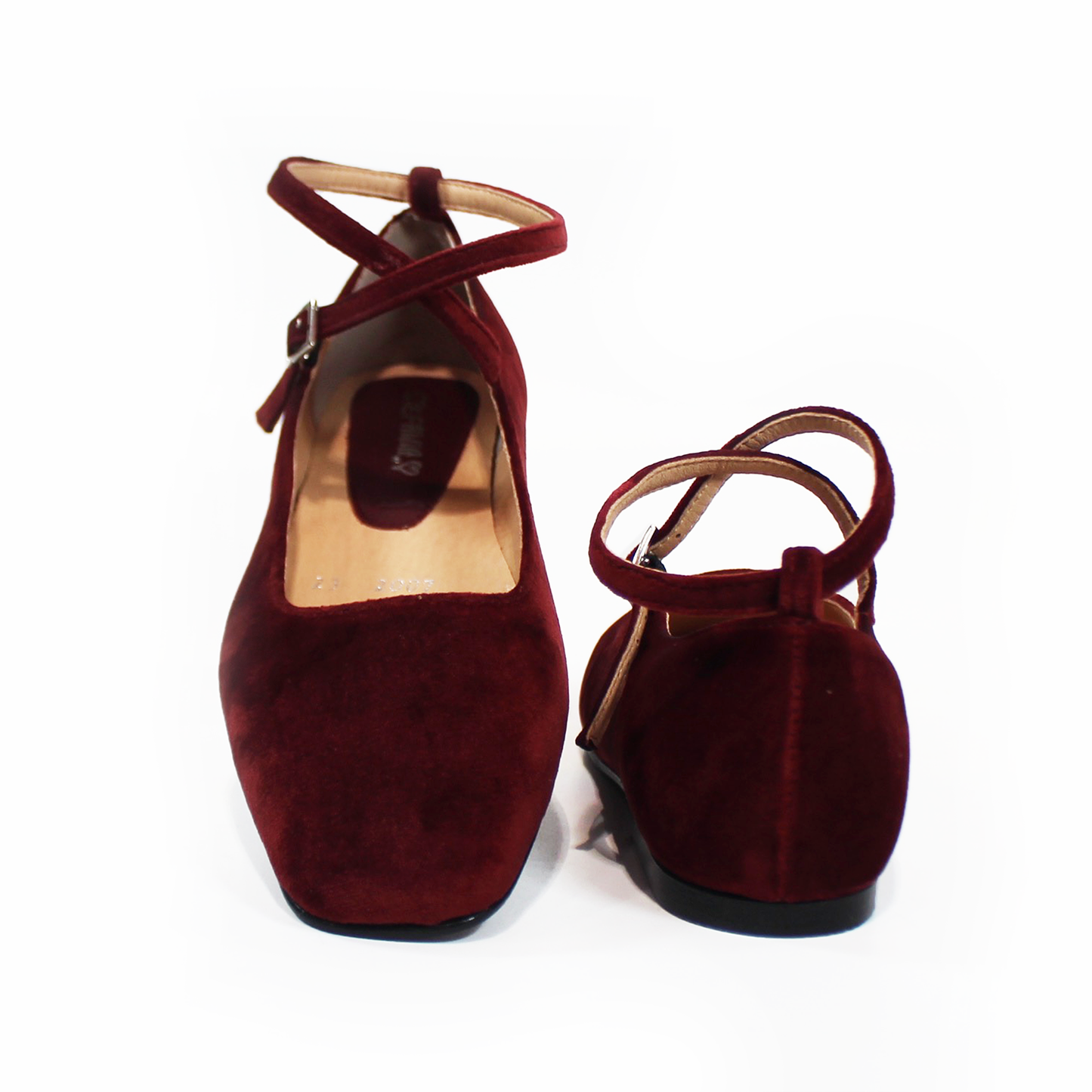 Flat de Piel Vino Terciopelo con Pulsera Cruzada en Tobillo de Dama STEFANIA