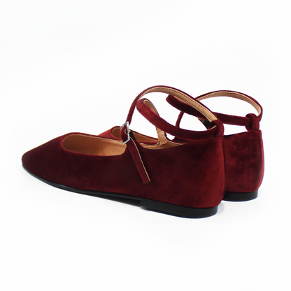 Flat de Piel Vino Terciopelo con Pulsera Cruzada en Tobillo de Dama STEFANIA