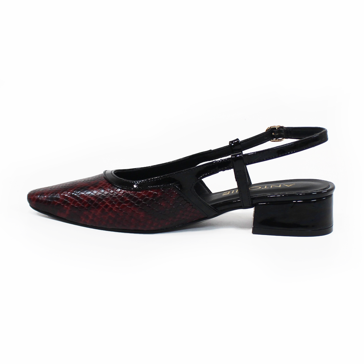 Zapatilla Puntal Slingback de Piel Vino Víbora con Negro ANTONIE