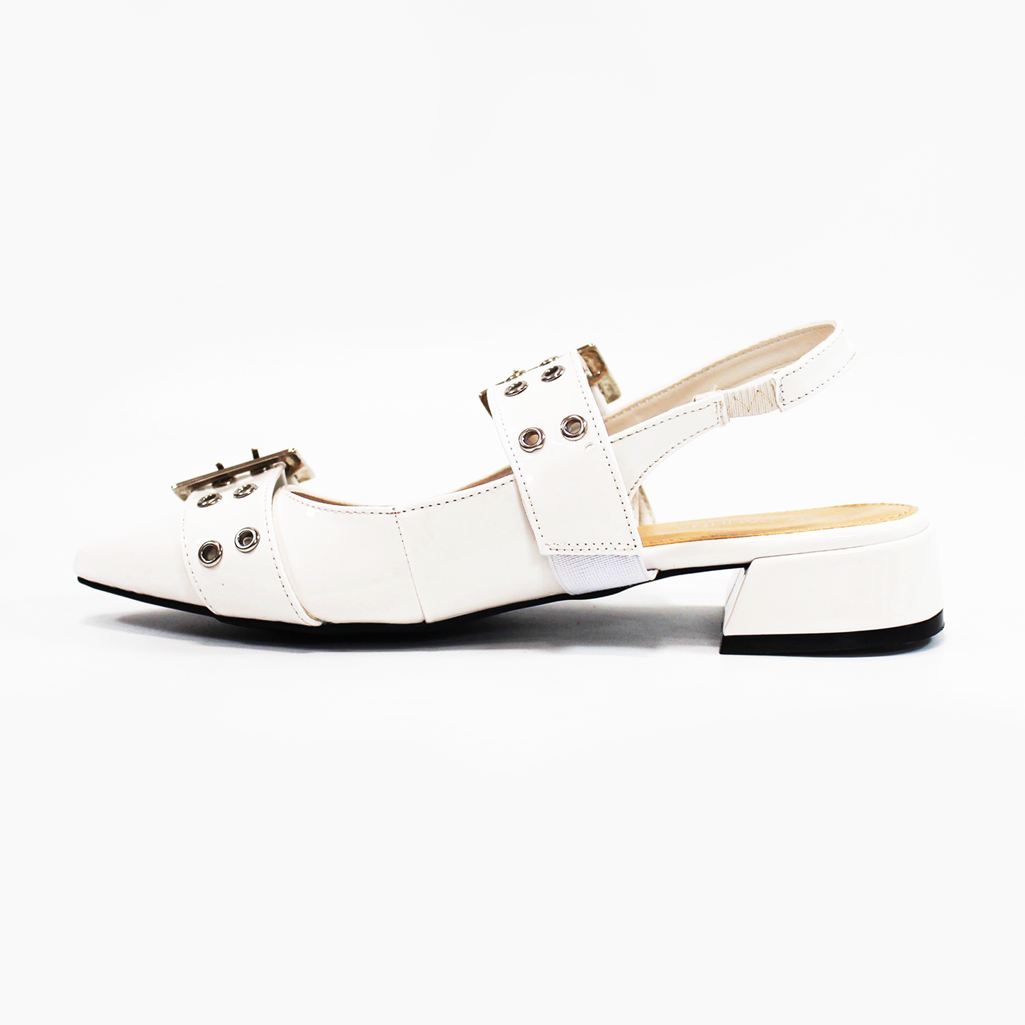 Flat Slingback Mule Late Charol con detalle de ojales y doble Hebilla de Dama LADY PAULINA