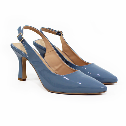 Zapatilla Slingback Puntal con tacón campana Destalonada Azul Charol de Dama TACZA