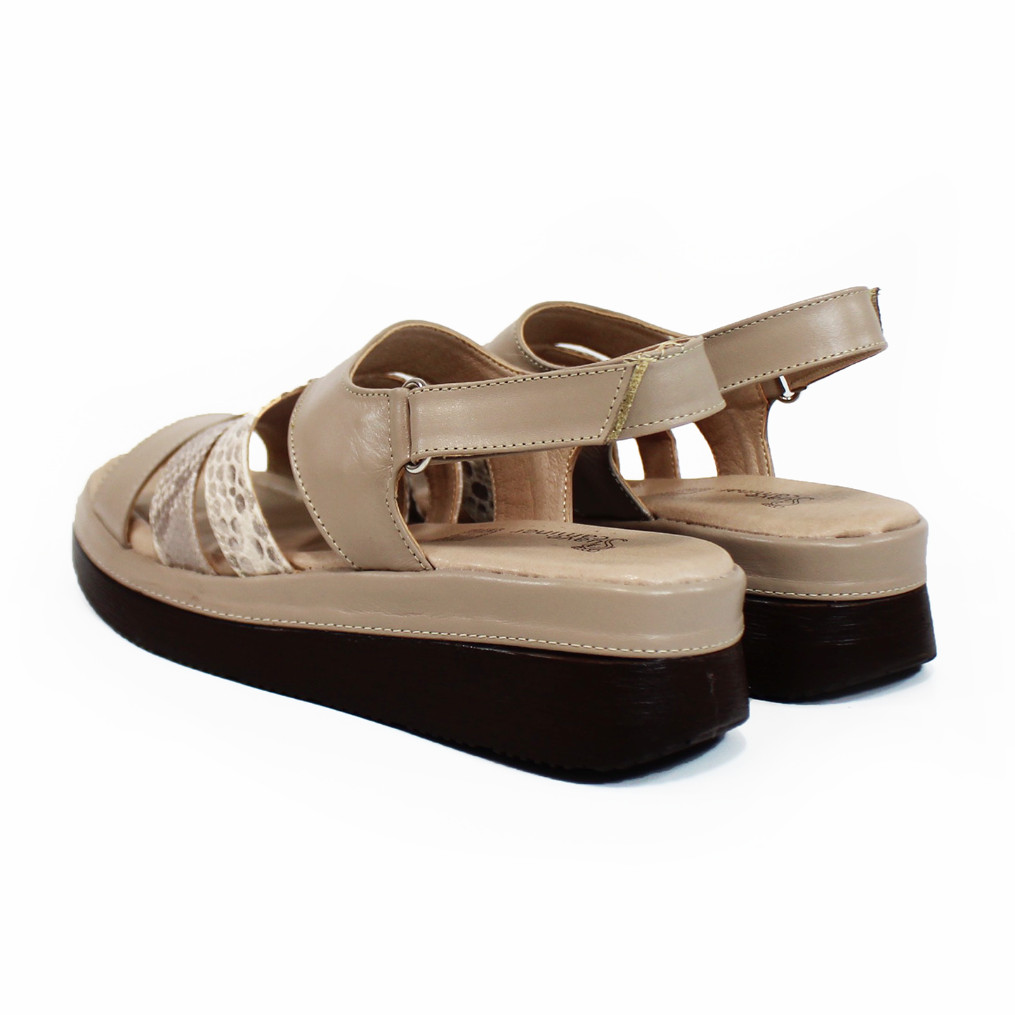 Sandalia Confort de Piel Beige con detalles Animal Print y Velcro de Dama SUAVE CAMINAR