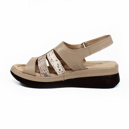 Sandalia Confort de Piel Beige con detalles Animal Print y Velcro de Dama SUAVE CAMINAR