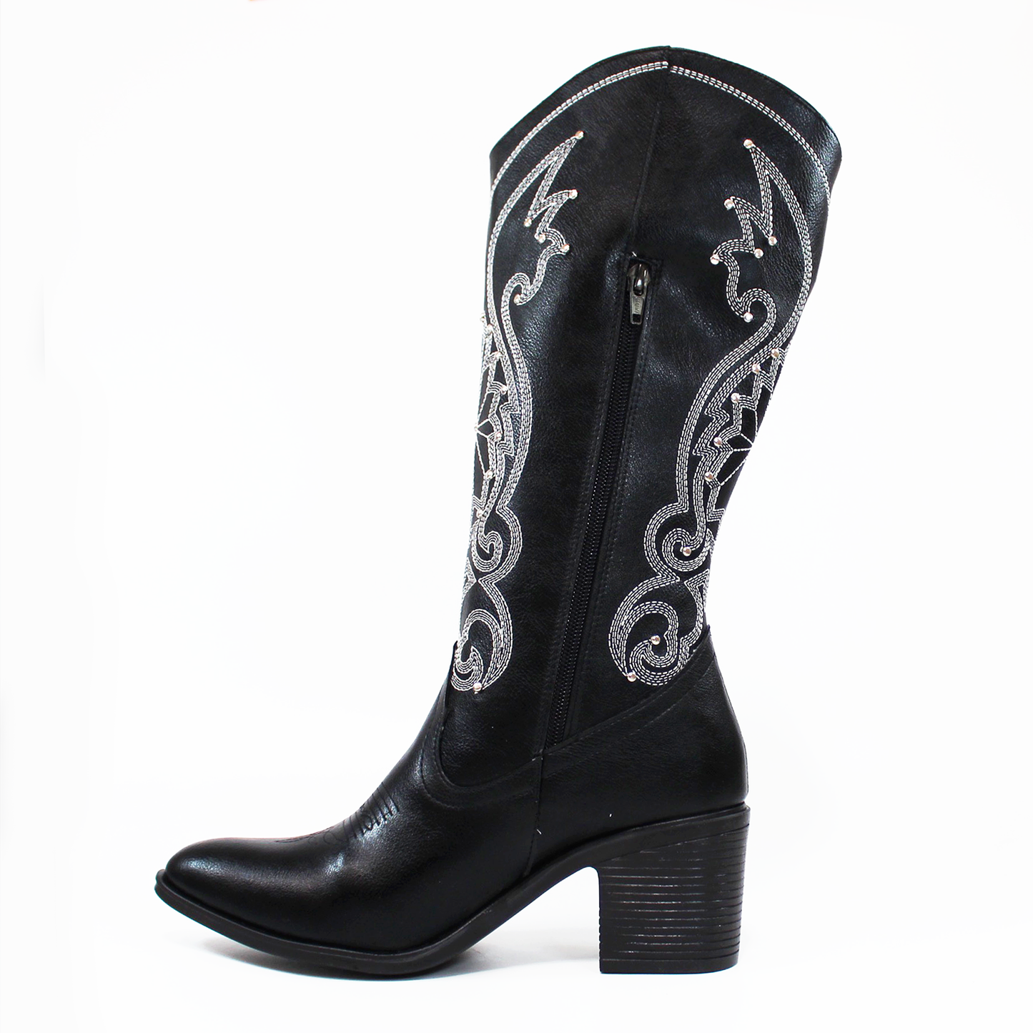Bota Vaquera Negra con Estoperoles y Bordado Blanco de Dama TACZA