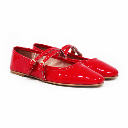 Flat Ballerina Clásica Rojo Charol con Pulseras Cruzadas en empeine de Dama TACZA