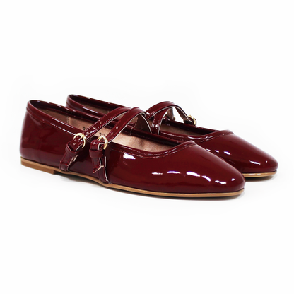 Flat Ballerina Clásica Vino Charol con Pulseras Cruzadas en empeine de Dama TACZA