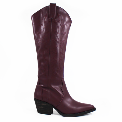 Bota Vaquera Alta Vino con Bordado de Dama TACZA