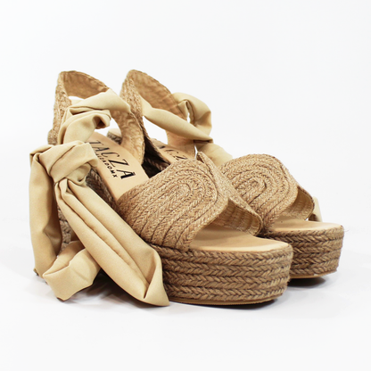 Alpargata de Plataforma Cuña Yute con Listones de Tela Beige TACZA