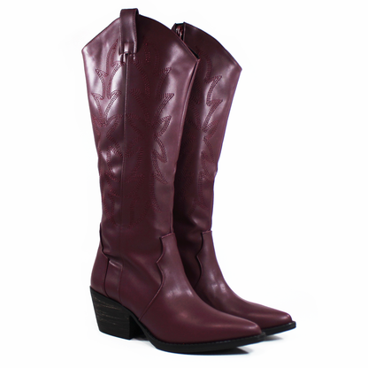 Bota Vaquera Alta Vino con Bordado de Dama TACZA