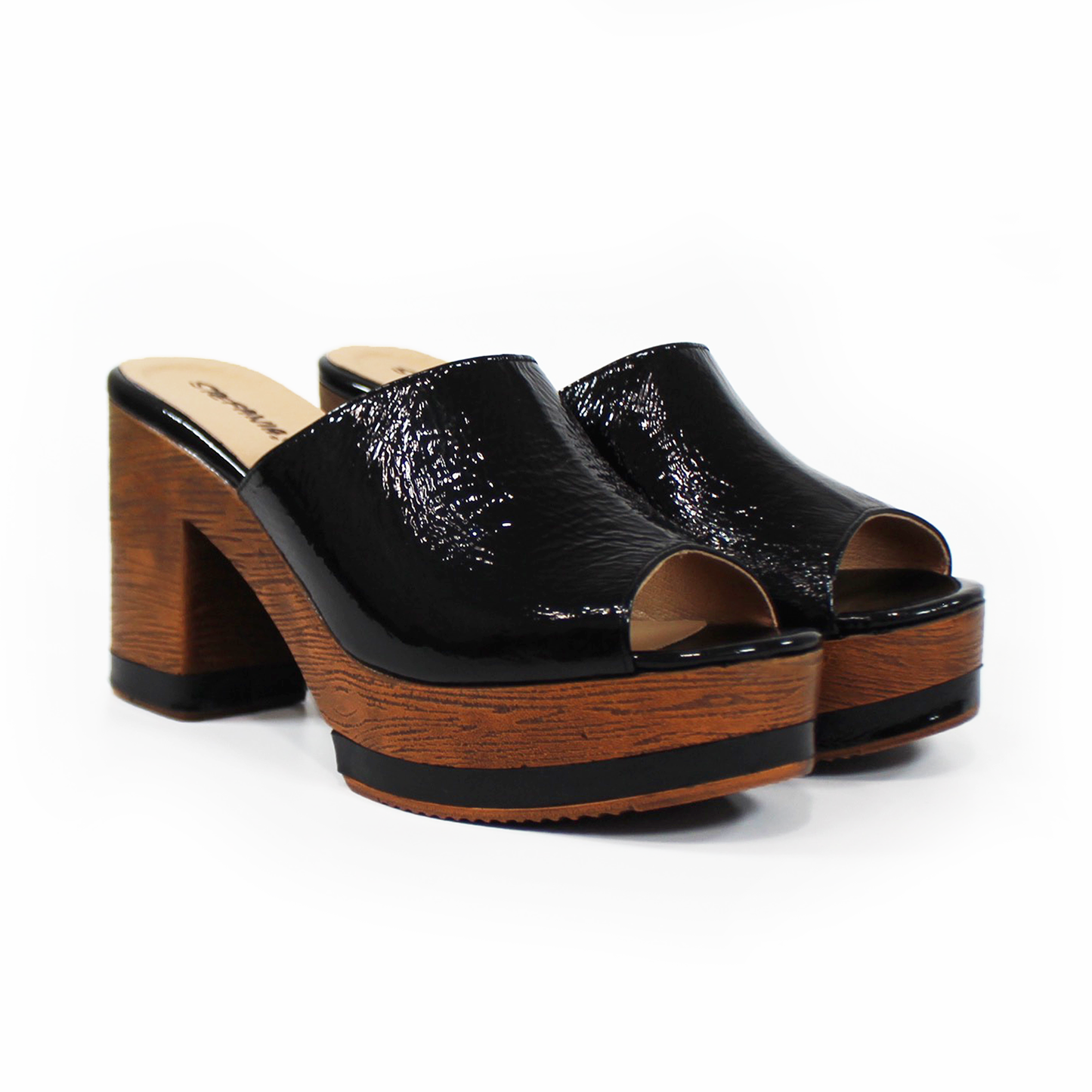 Zueco de Piel Negro Charol con Tacón Madera de Dama STEFANIA