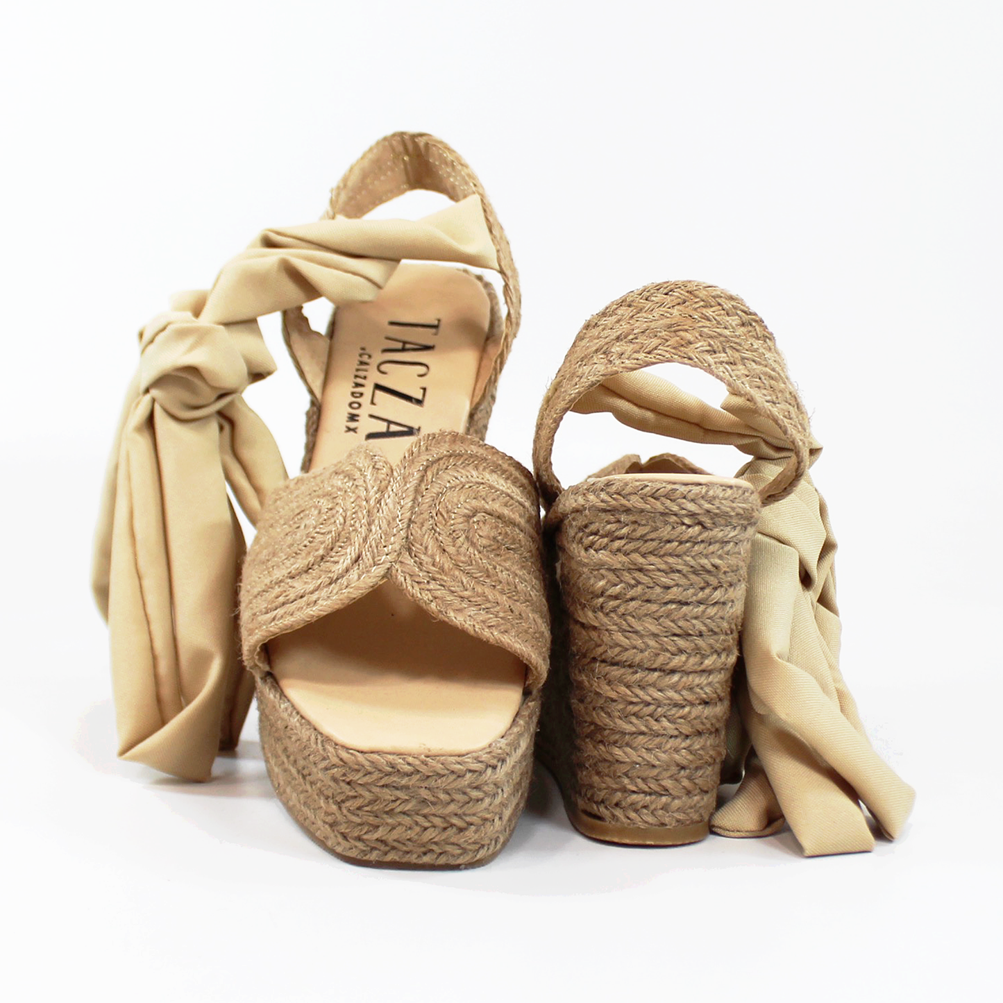 Alpargata de Plataforma Cuña Yute con Listones de Tela Beige TACZA