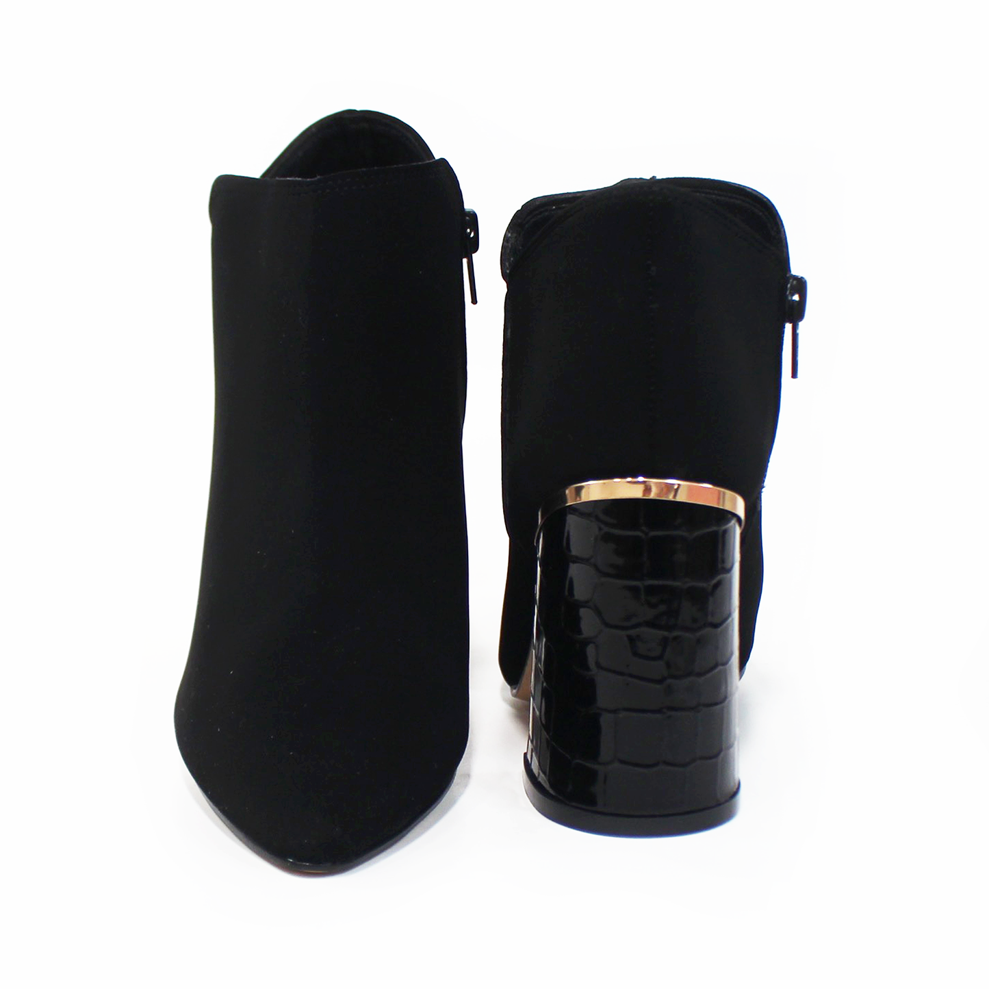 Botín Puntal Negro Ante con Tacón Lizard y Detalles Dorados de Dama TACZA