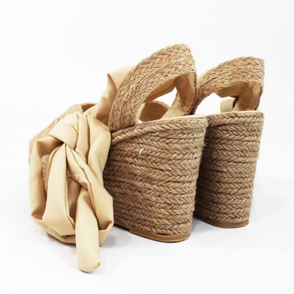 Alpargata de Plataforma Cuña Yute con Listones de Tela Beige TACZA