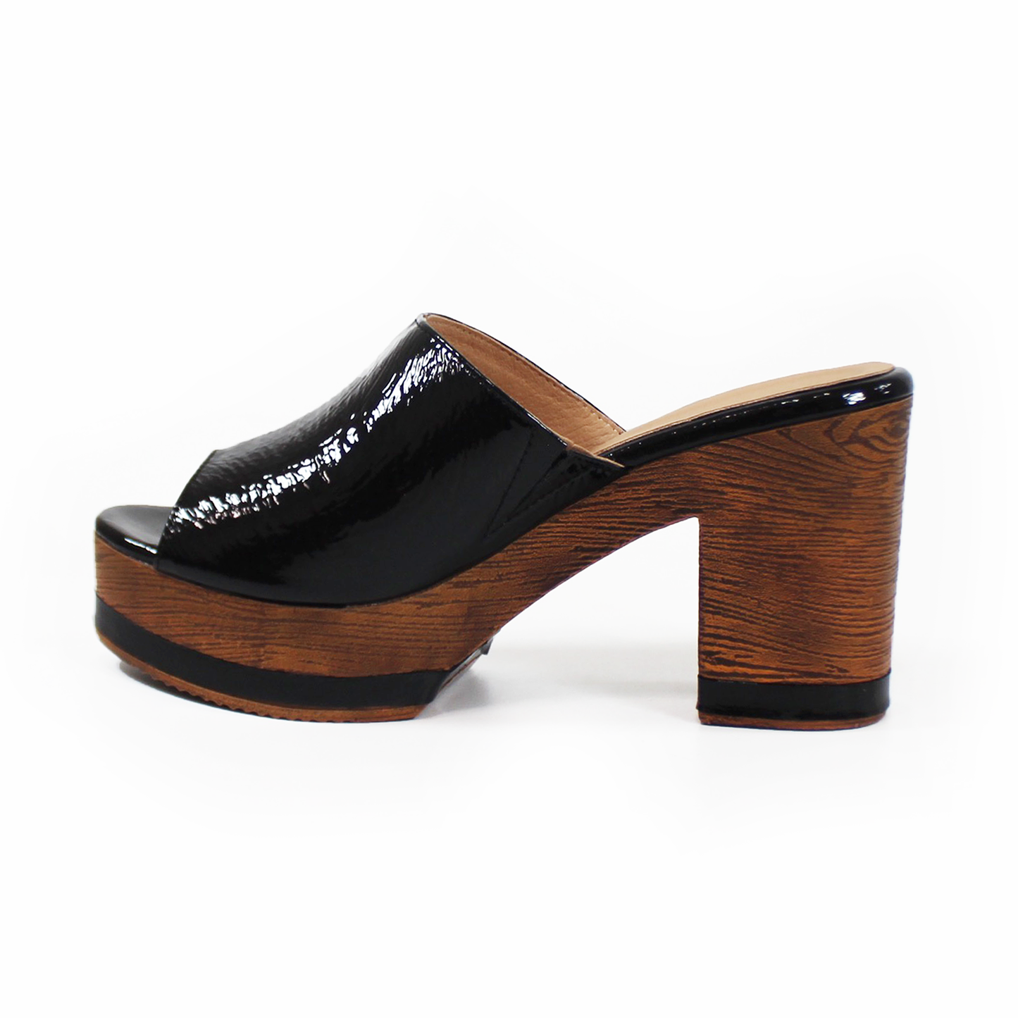 Zueco de Piel Negro Charol con Tacón Madera de Dama STEFANIA