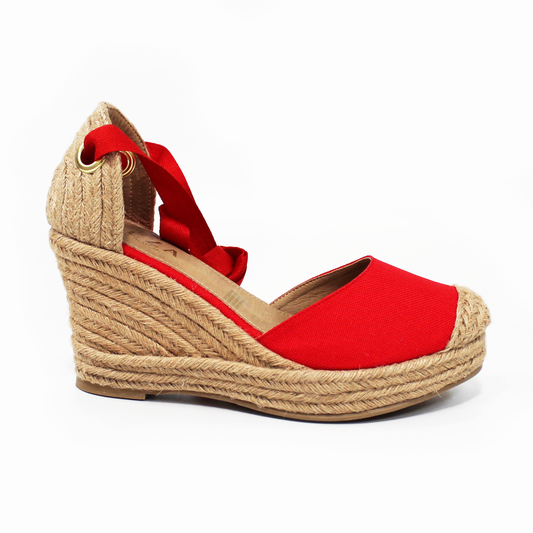 Alpargata Clásica de Plataforma Cuña con Lazos color Rojo y Punta con Yute TACZA
