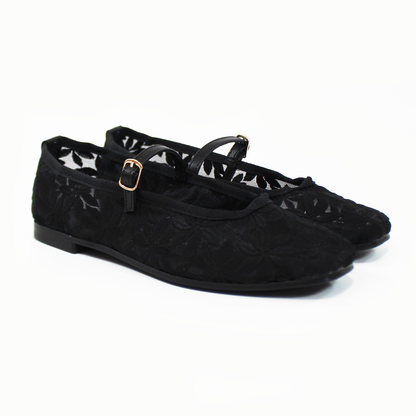 Flat Mary Jane de Encaje Negro de Dama