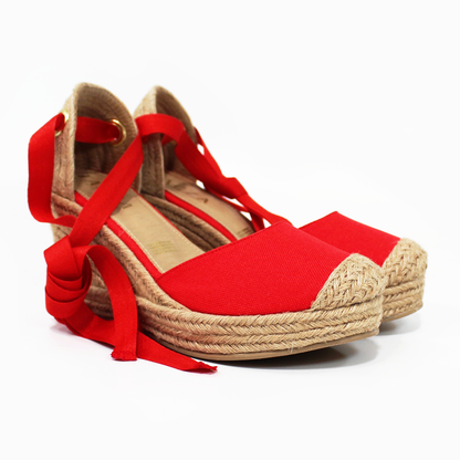 Alpargata Clásica de Plataforma Cuña con Lazos color Rojo y Punta con Yute TACZA