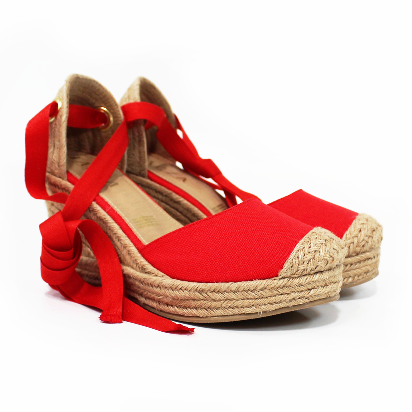 Alpargata Clásica de Plataforma Cuña con Lazos color Rojo y Punta con Yute TACZA
