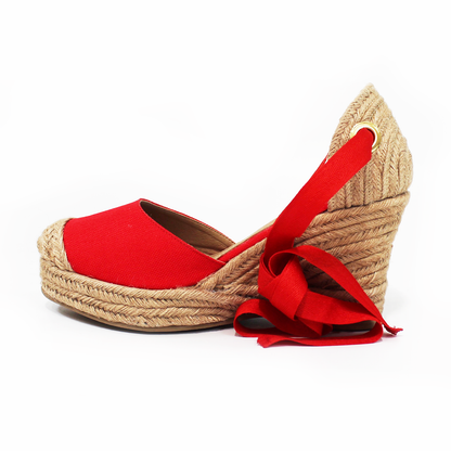 Alpargata Clásica de Plataforma Cuña con Lazos color Rojo y Punta con Yute TACZA