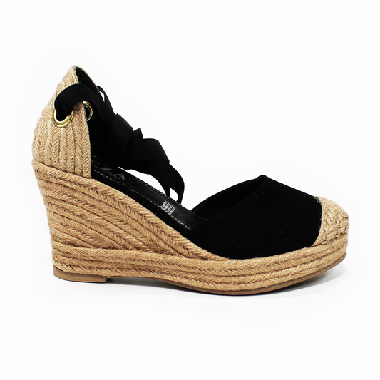 Alpargata Clásica de Plataforma Cuña con Lazos color Negro y Punta con Yute TACZA
