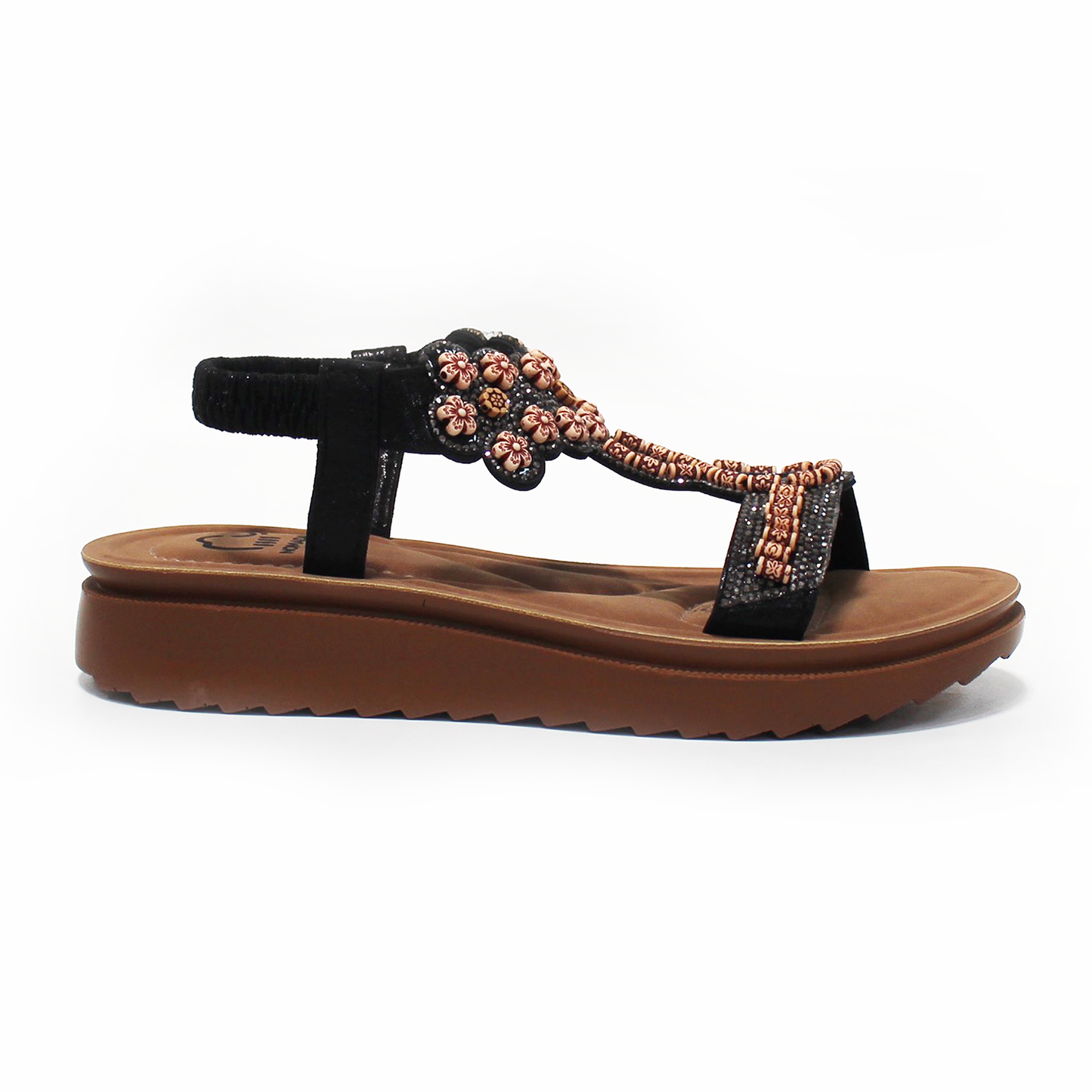 Sandalia NOMADAS con Flores y Elástico Negra de Dama