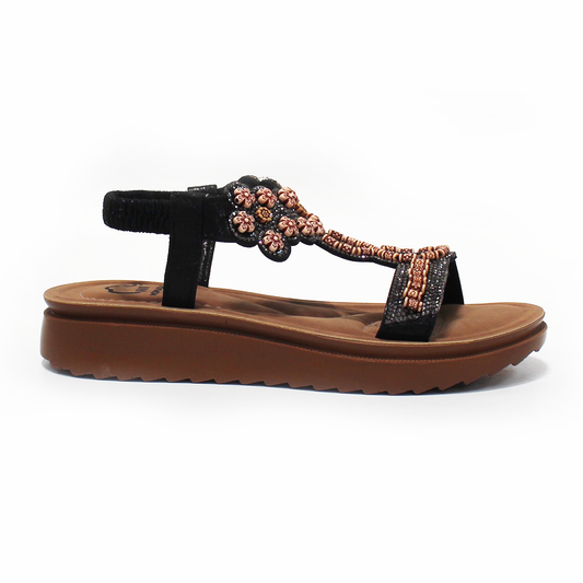 Sandalia NOMADAS con Flores y Elástico Negra de Dama