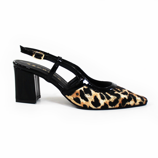 Zapatilla Puntal Slingback de Piel Charol Negro con Leopard Print Razo de Dama ANTONIE