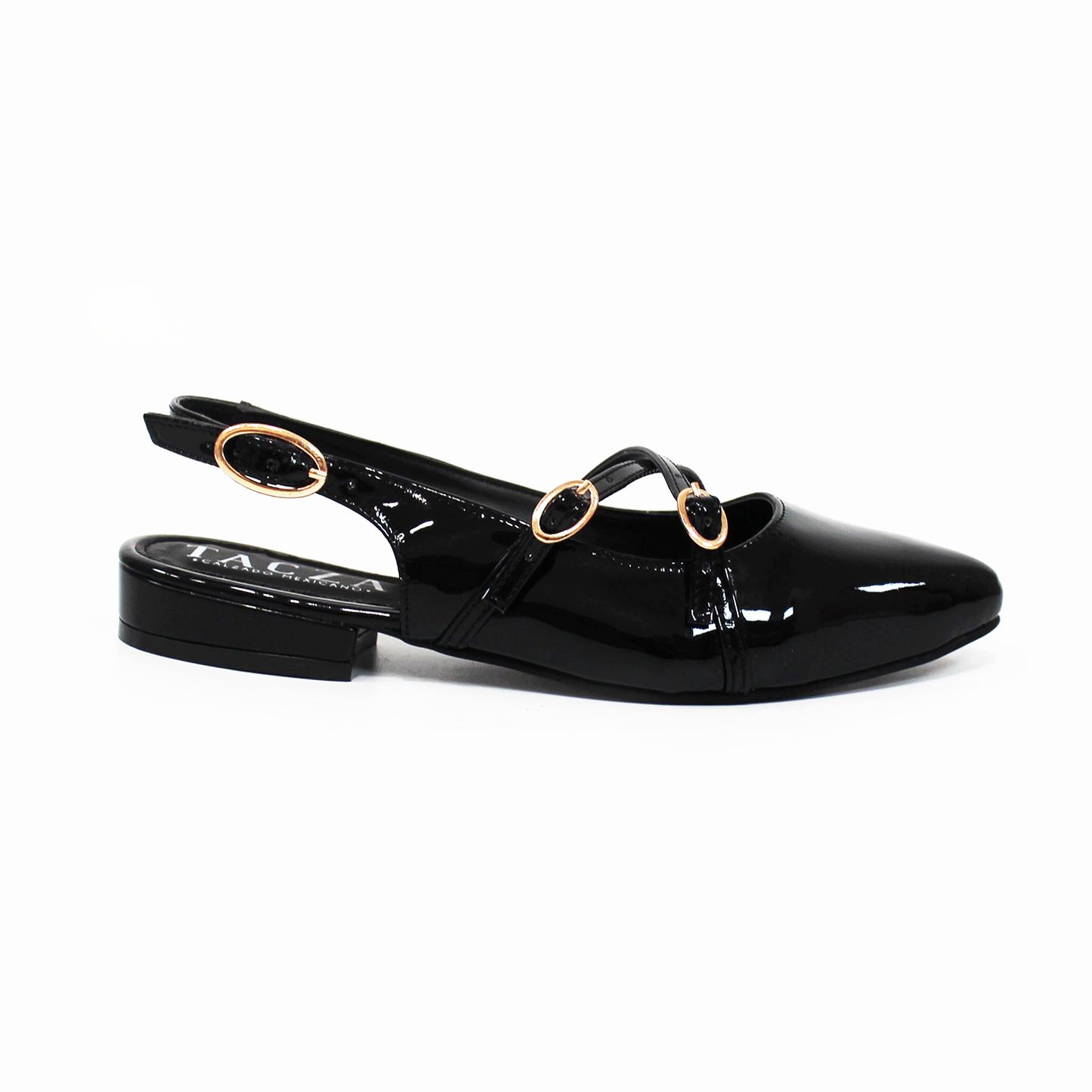 Flat Slingback Destalonada con Tiras Cruzadas Negro Charol TACZA