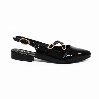 Flat Slingback Destalonada con Tiras Cruzadas Negro Charol TACZA