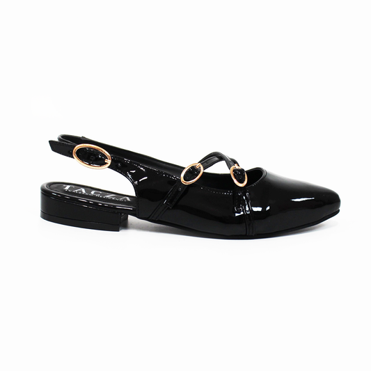 Flat Slingback Destalonada con Tiras Cruzadas Negro Charol TACZA