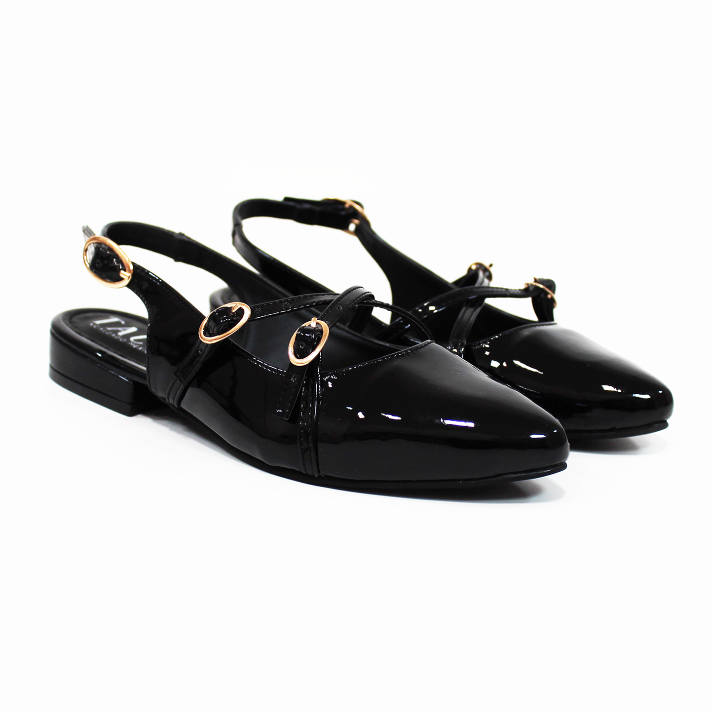 Flat Slingback Destalonada con Tiras Cruzadas Negro Charol TACZA