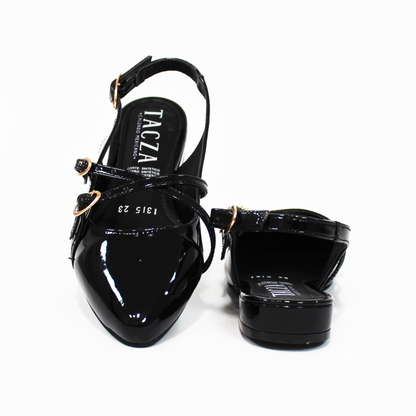 Flat Slingback Destalonada con Tiras Cruzadas Negro Charol TACZA