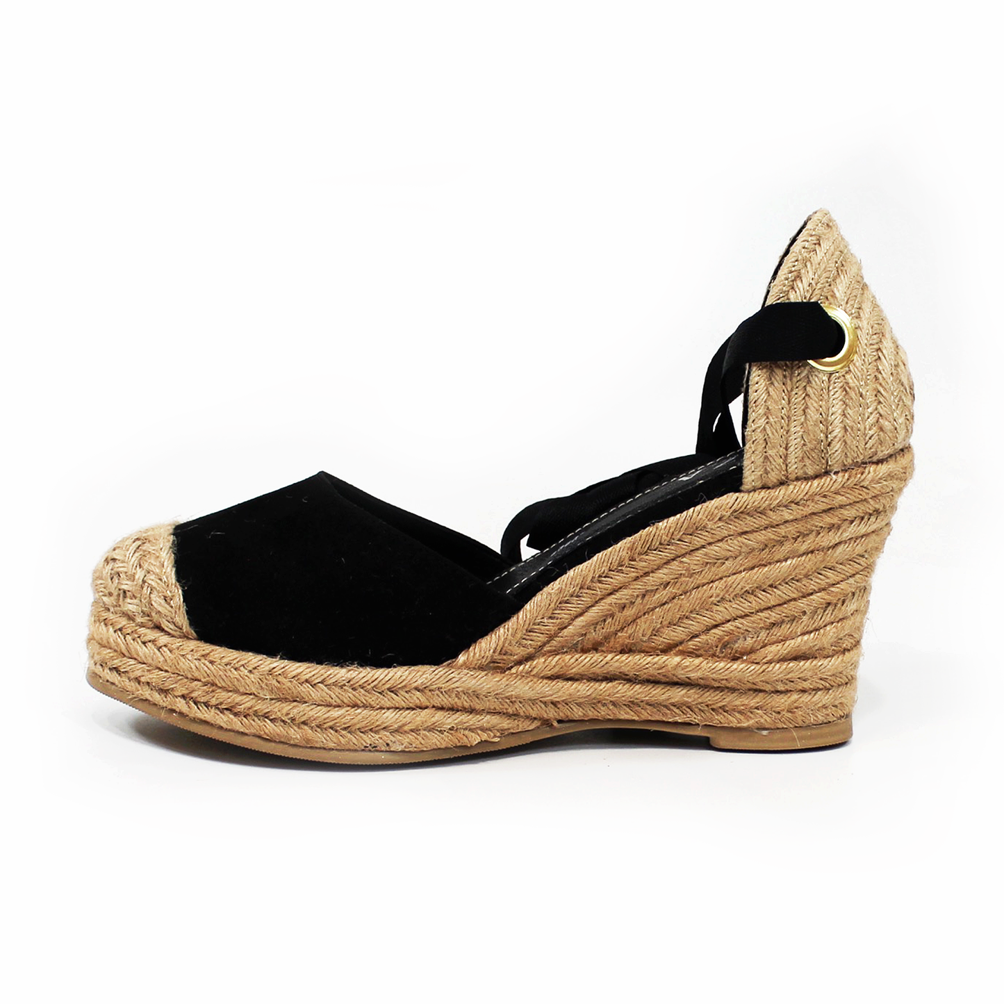 Alpargata Clásica de Plataforma Cuña con Lazos color Negro y Punta con Yute TACZA