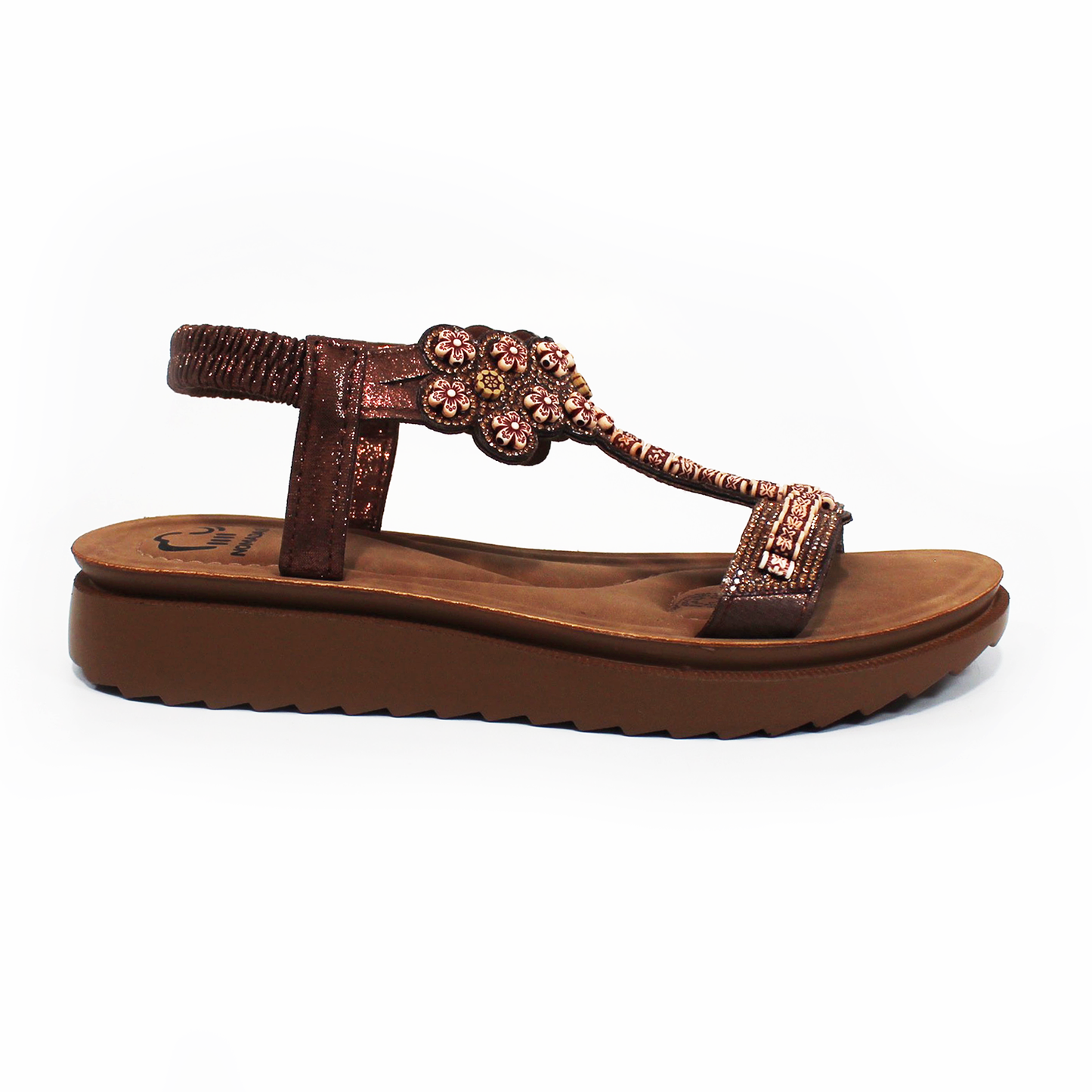 Sandalia NOMADAS con Flores y Elástico Cobre de Dama
