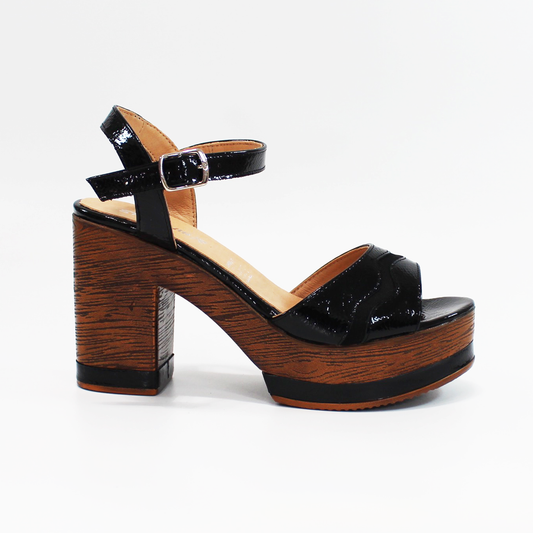 Sandalias de Tacón Plataforma Madera Piel Negro Charol de Dama STEFANIA