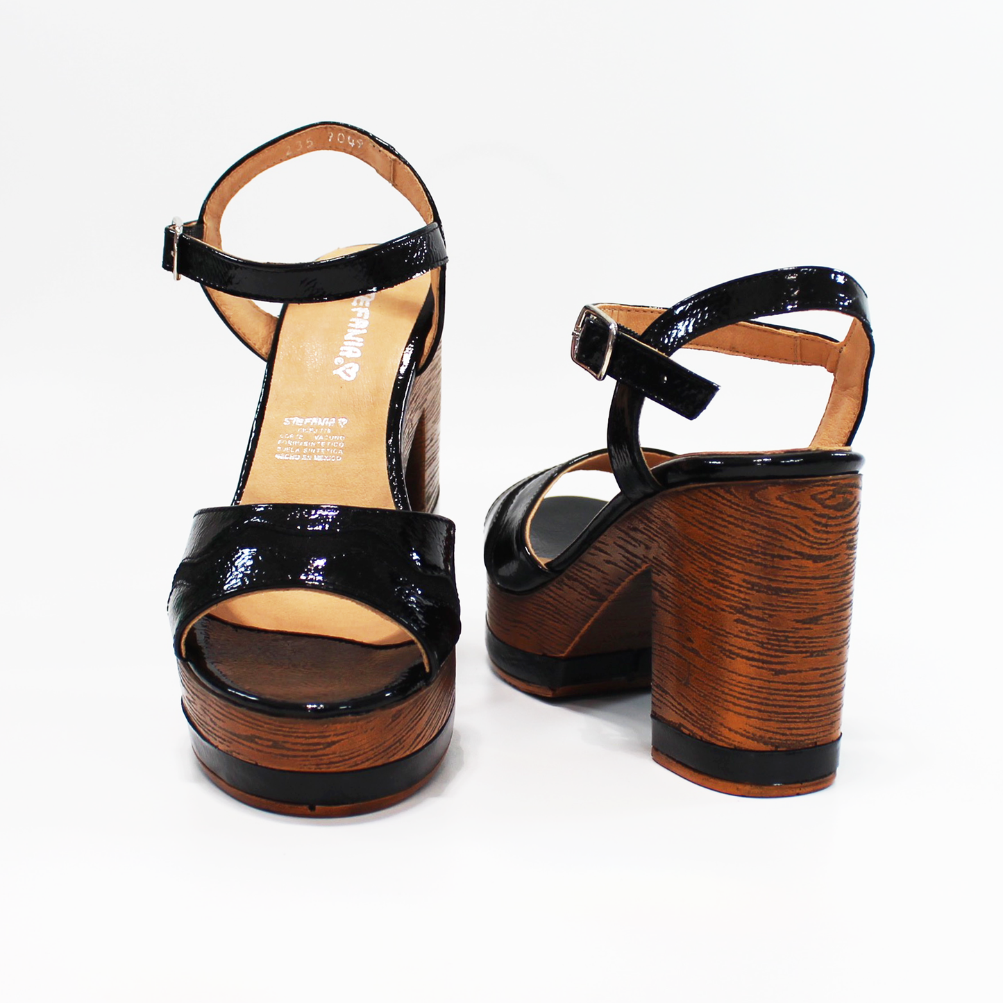 Sandalias de Tacón Plataforma Madera Piel Negro Charol de Dama STEFANIA