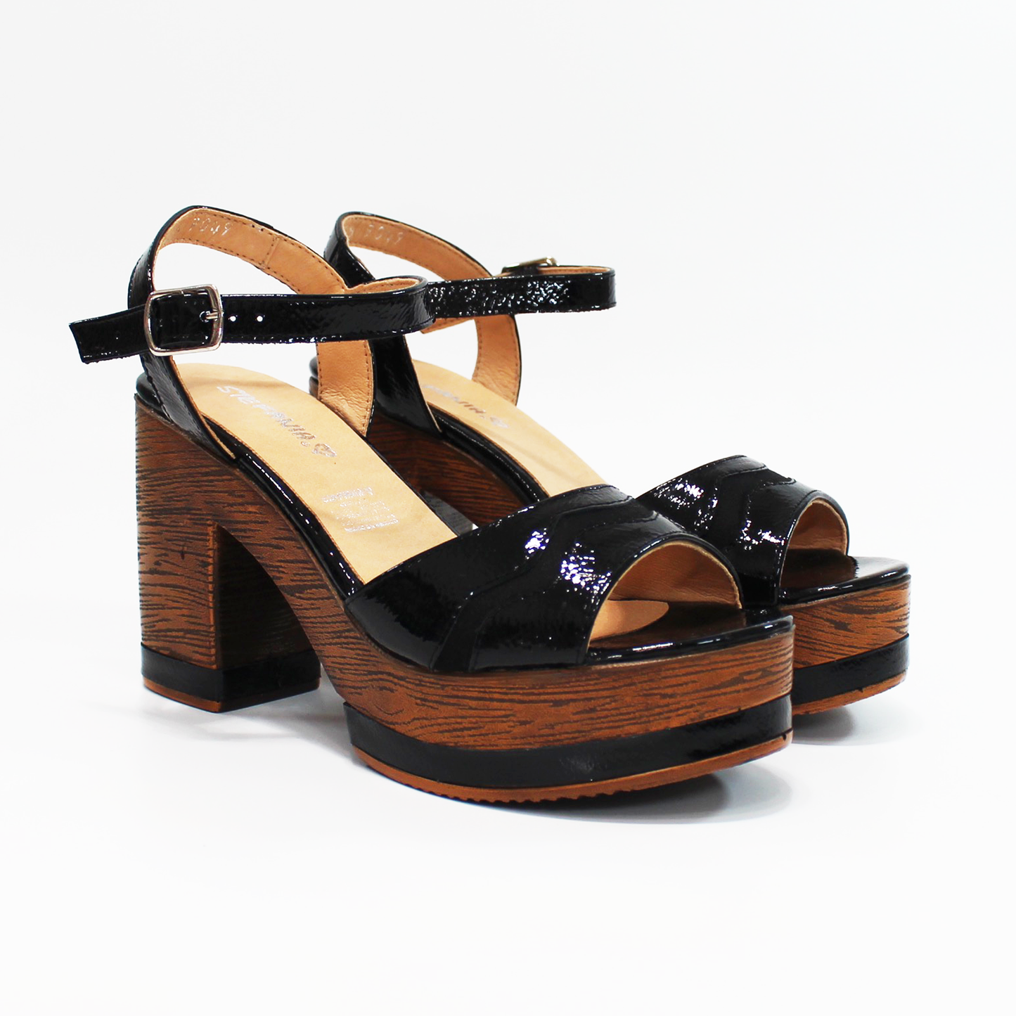 Sandalias de Tacón Plataforma Madera Piel Negro Charol de Dama STEFANIA