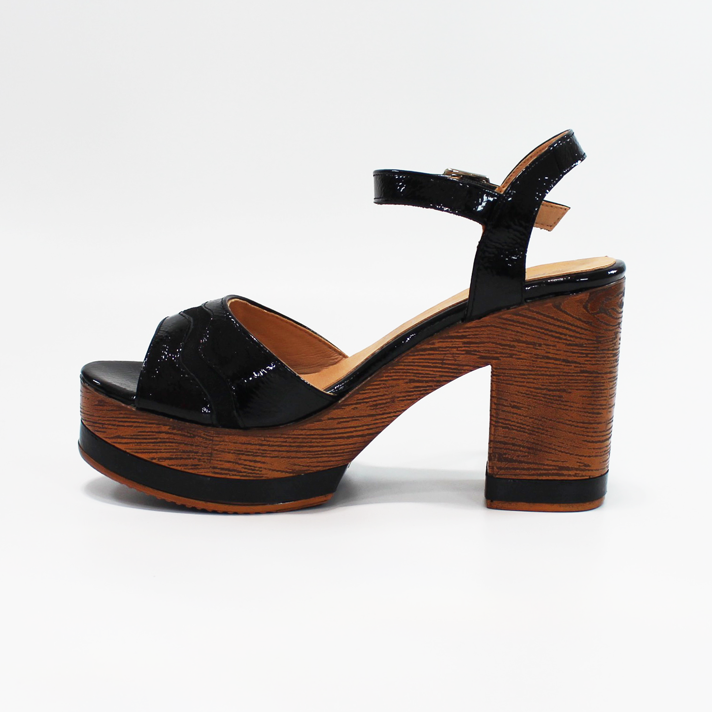 Sandalias de Tacón Plataforma Madera Piel Negro Charol de Dama STEFANIA