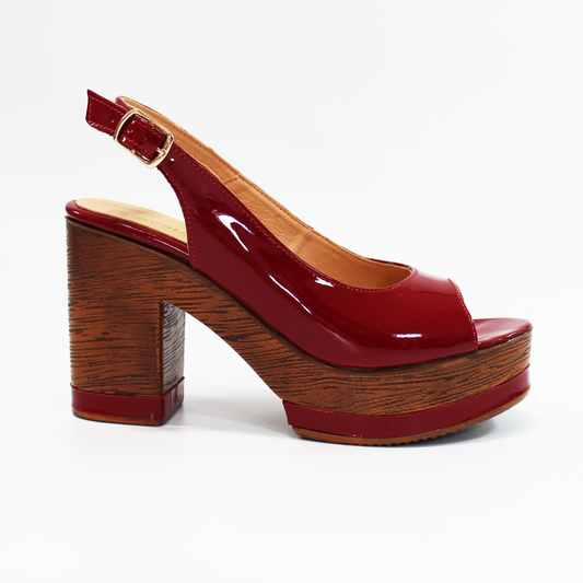 Sandalias de Tacón Plataforma Madera Piel Rojo Charol de Dama STEFANIA