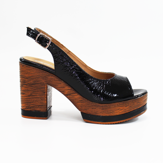 Sandalias de Tacón Plataforma Madera Piel Negro Charol de Dama STEFANIA